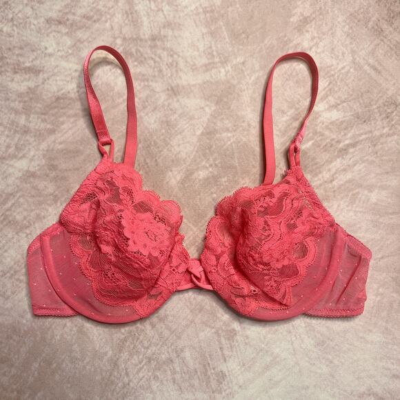 Vintage 90s Vanity Fair Floral Lace Bra Pink Mesh Polka Dot Lingerie Romantic - Picture 1 of 9